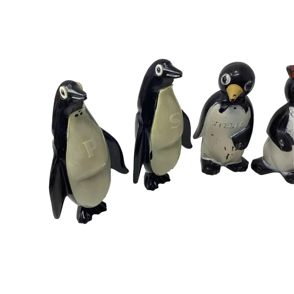 Vtg Willie & Millie, Plastic & Milk Glass Penguin Salt & Pepper (3) Shaker Sets
